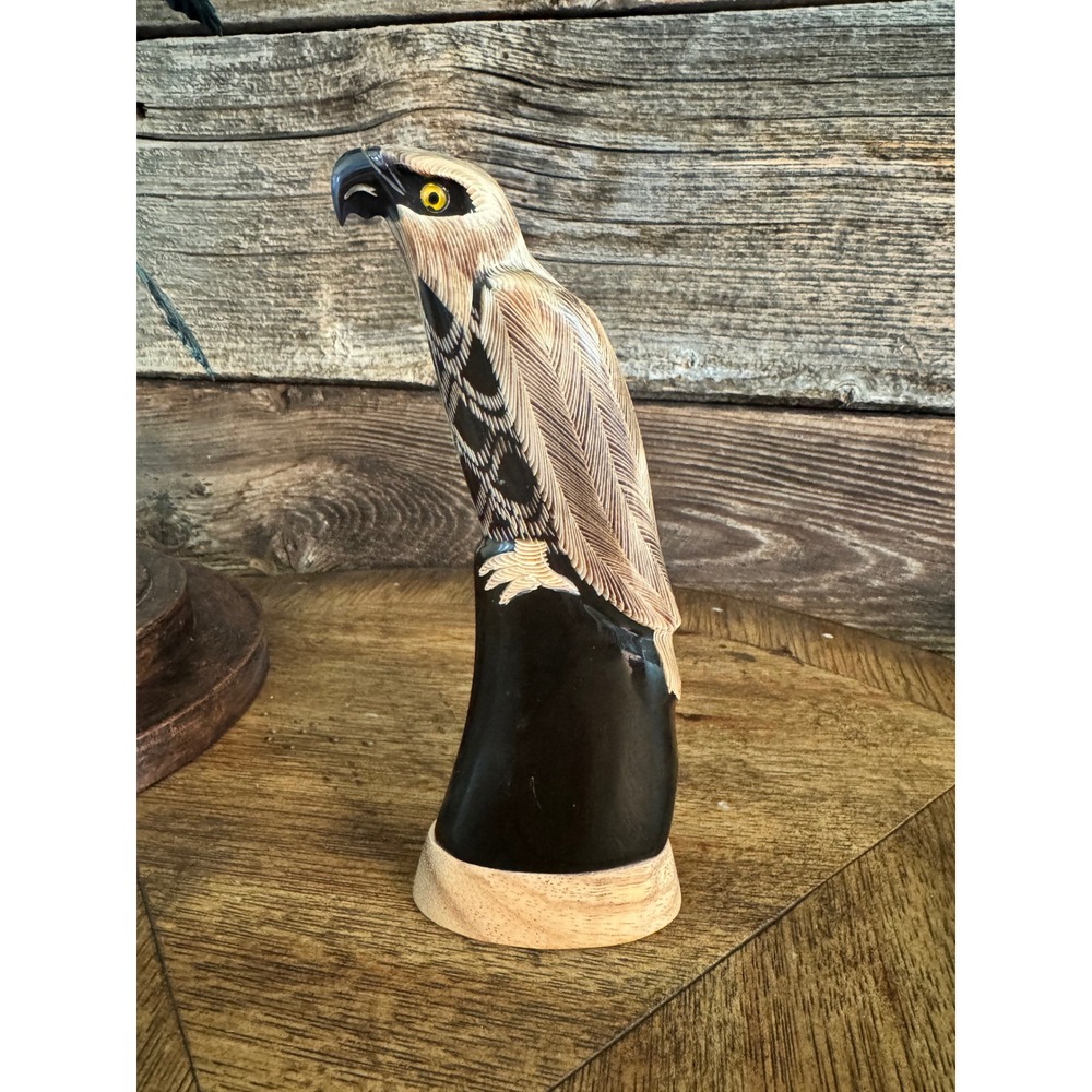 Hand Carved Horn Eagle hawk Figurine Bird of Prey Statue Folk Art Decor cabin